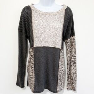 BiBi Leopard Print Patchwork Long Sleeve Blouse Medium
